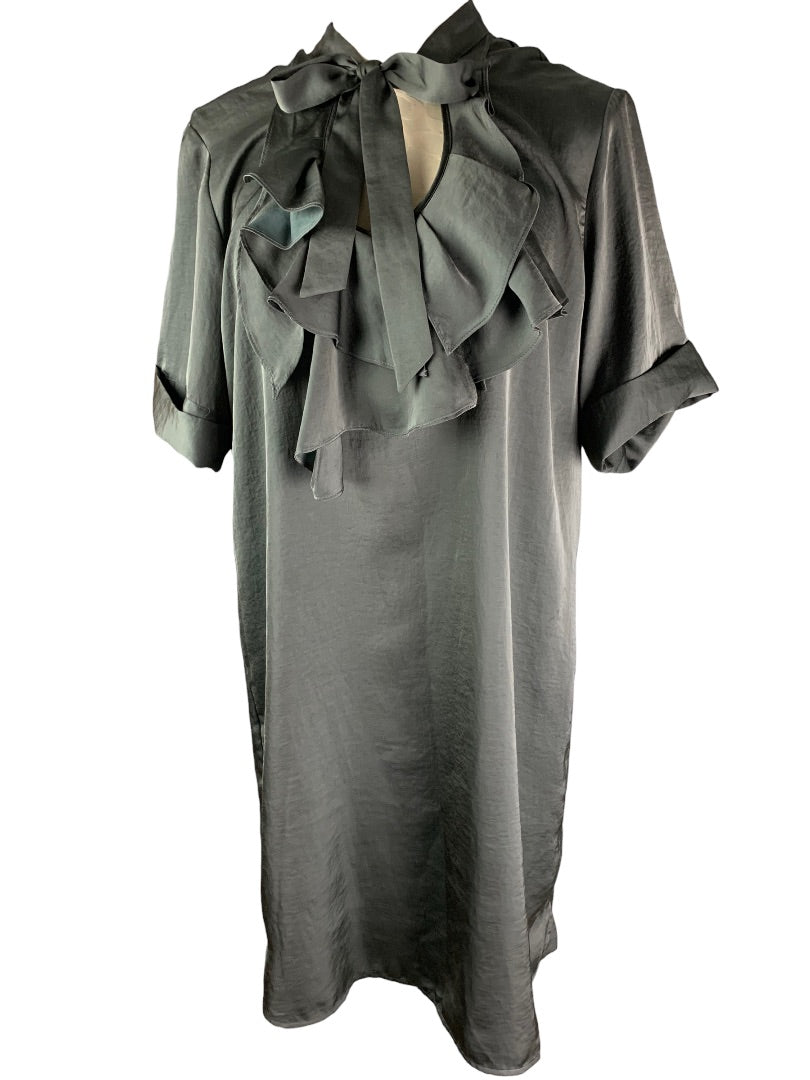 Large Gap New Charcoal Gray Satin Shift Dress Ruffle Front Short Sleeve