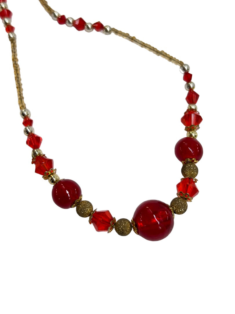 Beaded 17" Necklace Red Silvertone Goldtone Assorted Size Beads