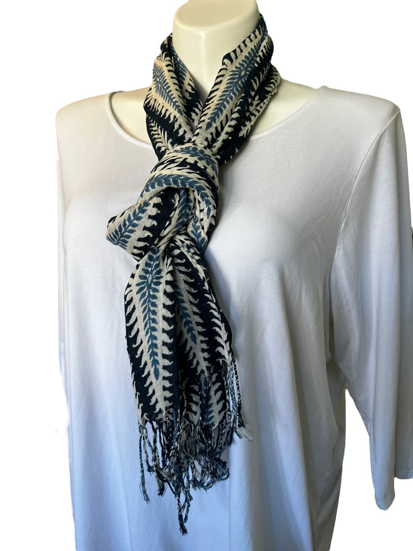 Spartina Long Linen Blend Scarf Blue Stripe Fringed