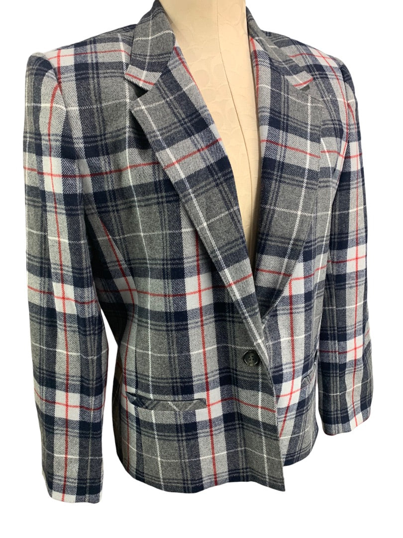 12P Suburban Petites Women's Gray Red Plaid Vintage 1980s Wool Blend Blazer