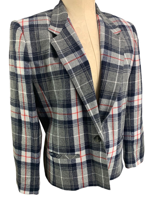 12P Suburban Petites Women's Gray Red Plaid Vintage 1980s Wool Blend Blazer