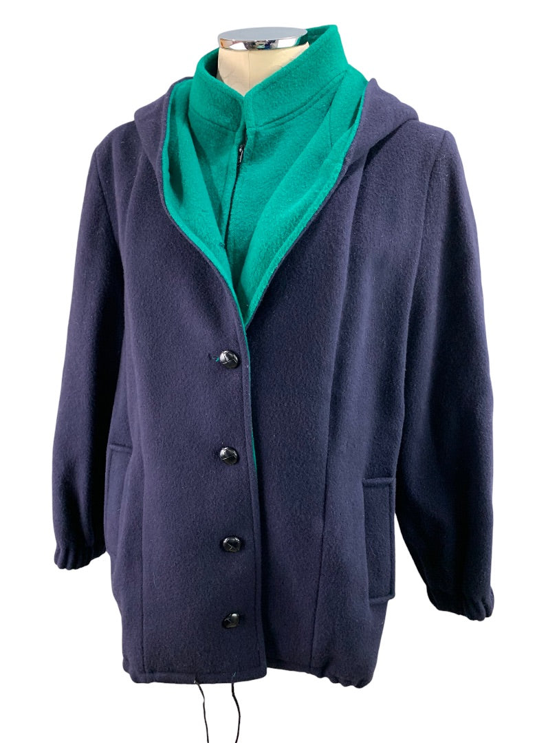 11/12 International Scene Women's Wool Blend Navy and Green Winter Coat Vintage 1980s