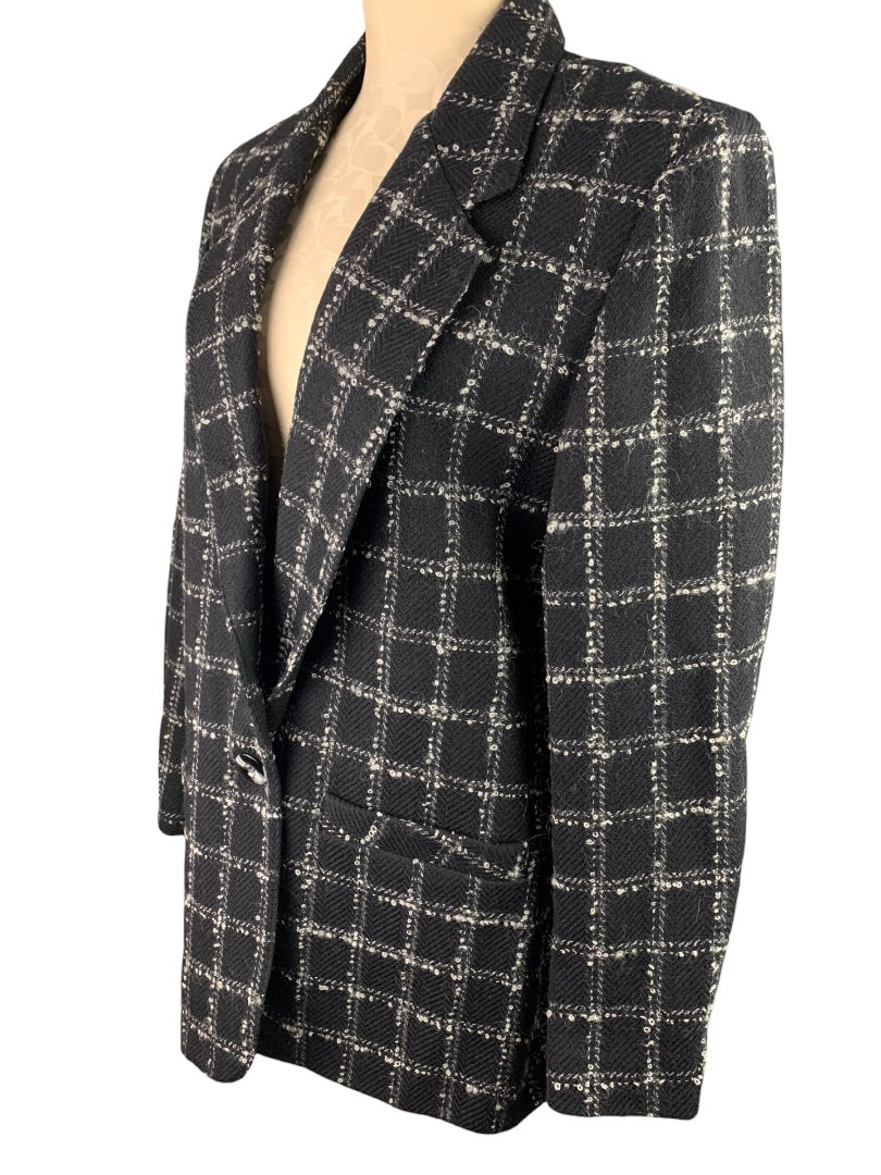 Size 10 Alfred Dunner Women's Wool Black Pattern Open Single Button Blazer Coat Vintage 1990s