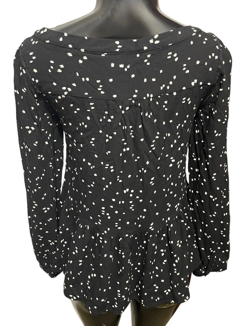 XXS Anthropologie Maeve Scoop Neck Long Sleeve Womens Top Black Polka Dots