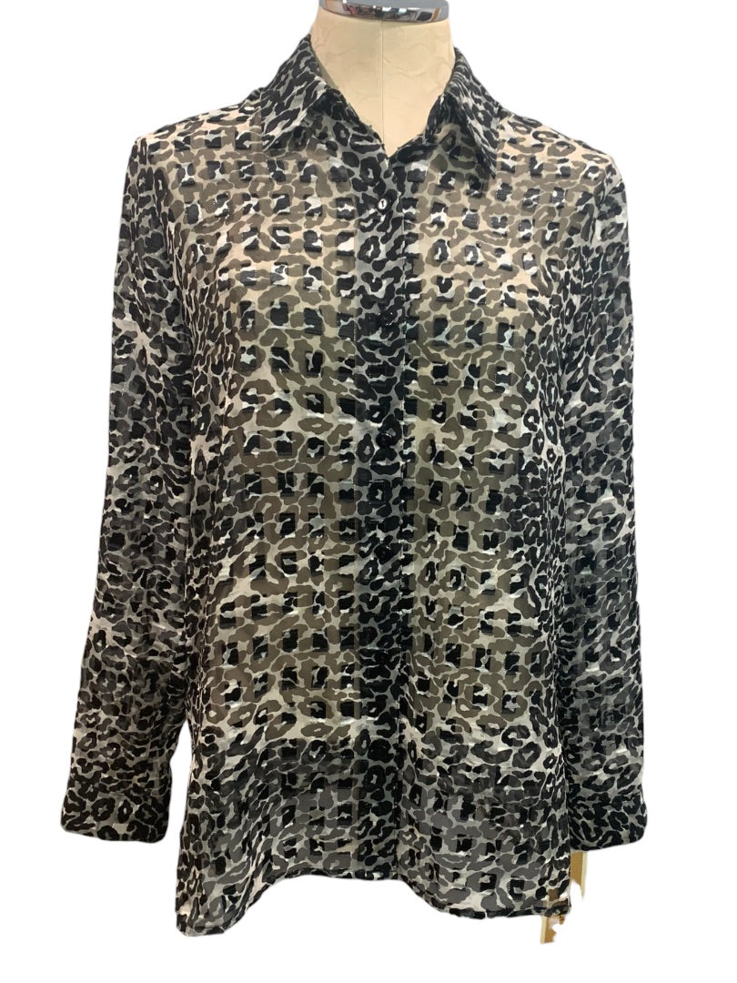 Medium Notations Women's New Sheer Animal Print Metallic Button Up Blouse