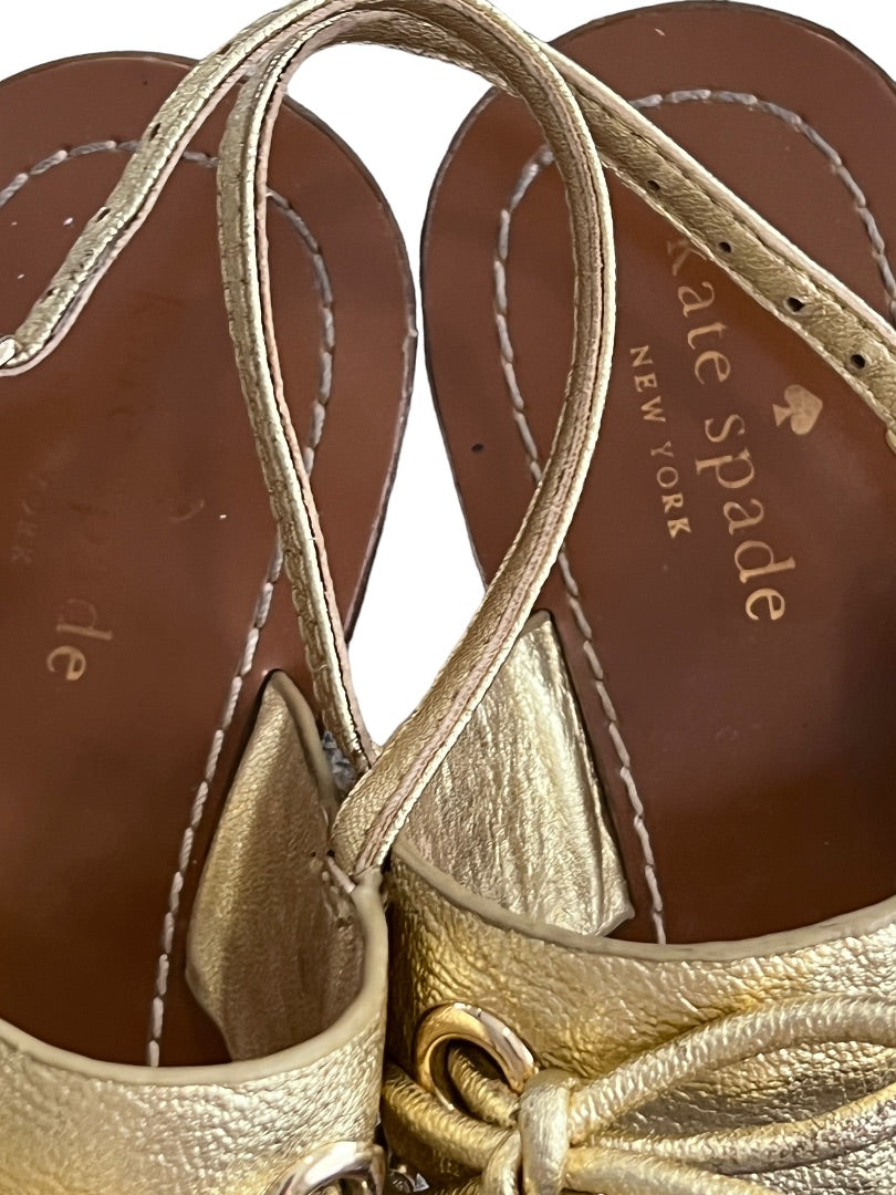 8 M Kate Spade New York Gold Slingback Crossover & Bow Flat T-Strap Sandal