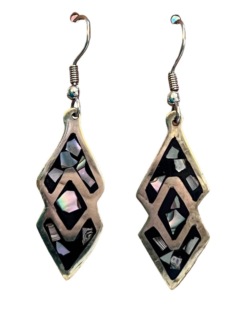 Silver Onyx & Abalone Inlay Drop Earrings 925 Silver