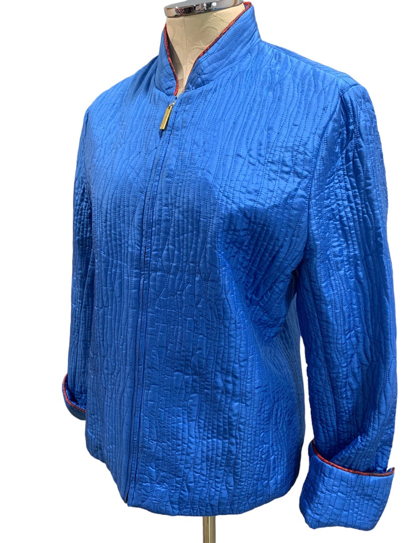 Large Carol Little Women's Blue Quited Silk Full Zip Jacket