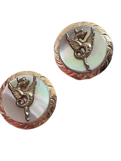 Vintage Mother of Pearl Dragon Gold Tone Round Cufflinks