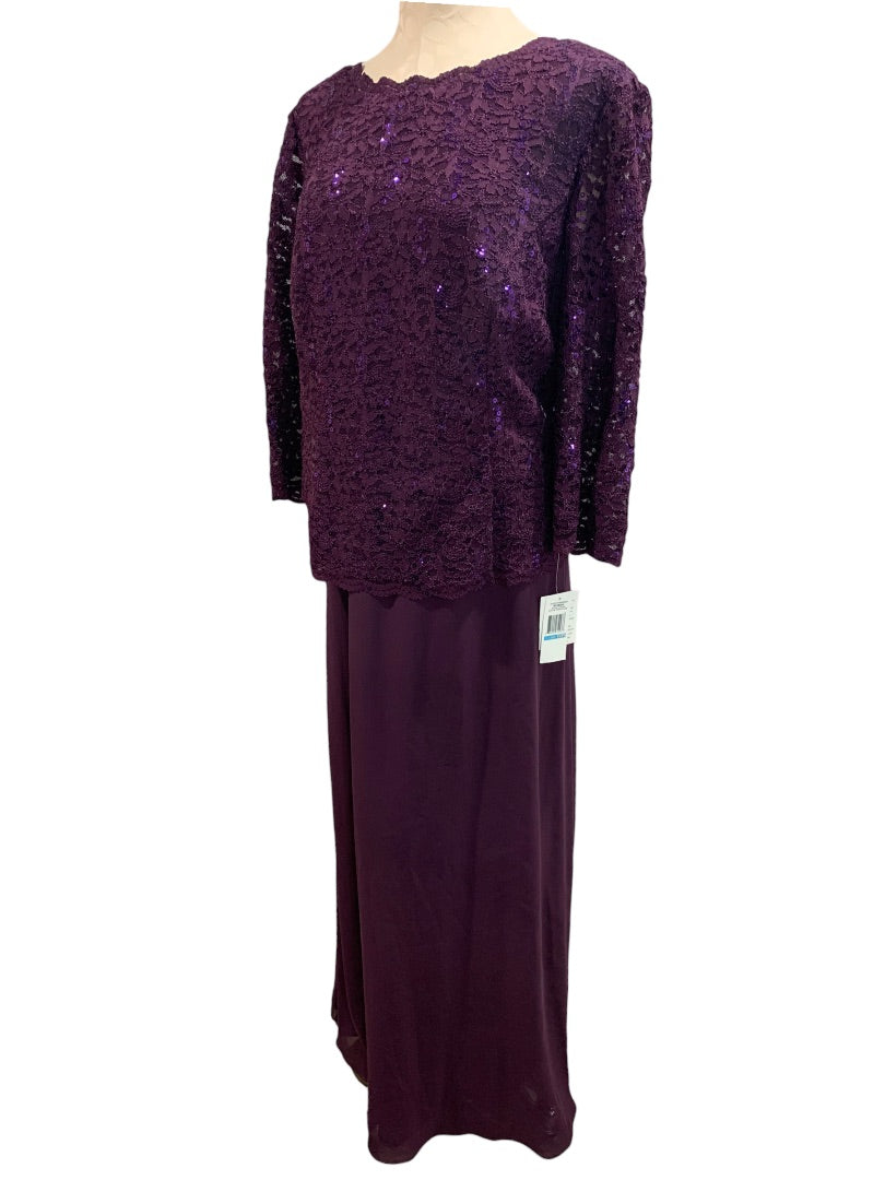 Size 20W Alex Evenings Women's New Long Gown with Sequin Lace Bodice  Chiffon Skirt Plum