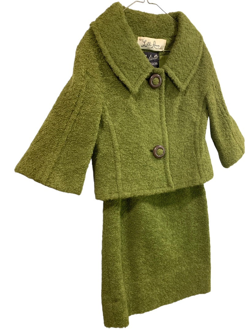 Small Lilli Ann Green Vintage 1960s Skirt Suit Boucle Brown Plastic Buttons