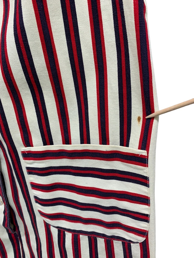 Vintage 1960s Women's Striped Shirt Dress Pockets Belt Red Blue Cream Stains