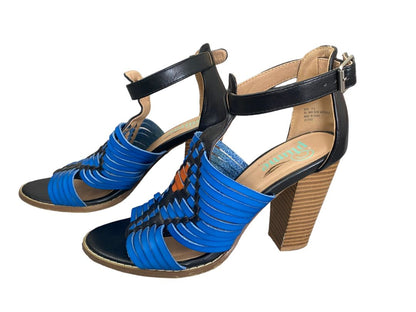 7.5 Plume FarylRobin Blue Orange Strappy Sandals Stack Heel Ankle Strap Shoes Anthro