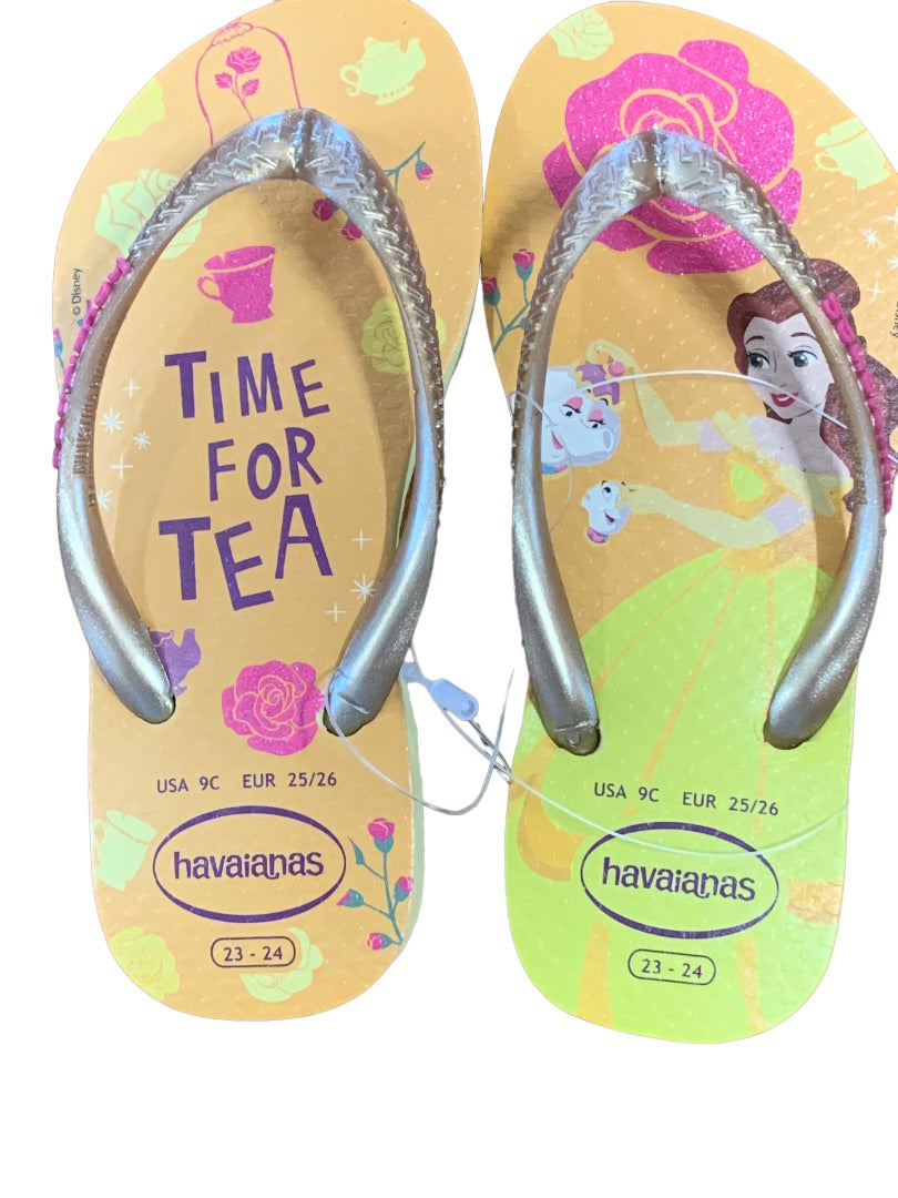 9C Havaianas Girls Disney Princess Belle Flip Flops New "Time for Tea"