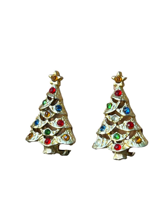 Vintage Christmas Tree Clip On Earrings Goldtone Rhinestone