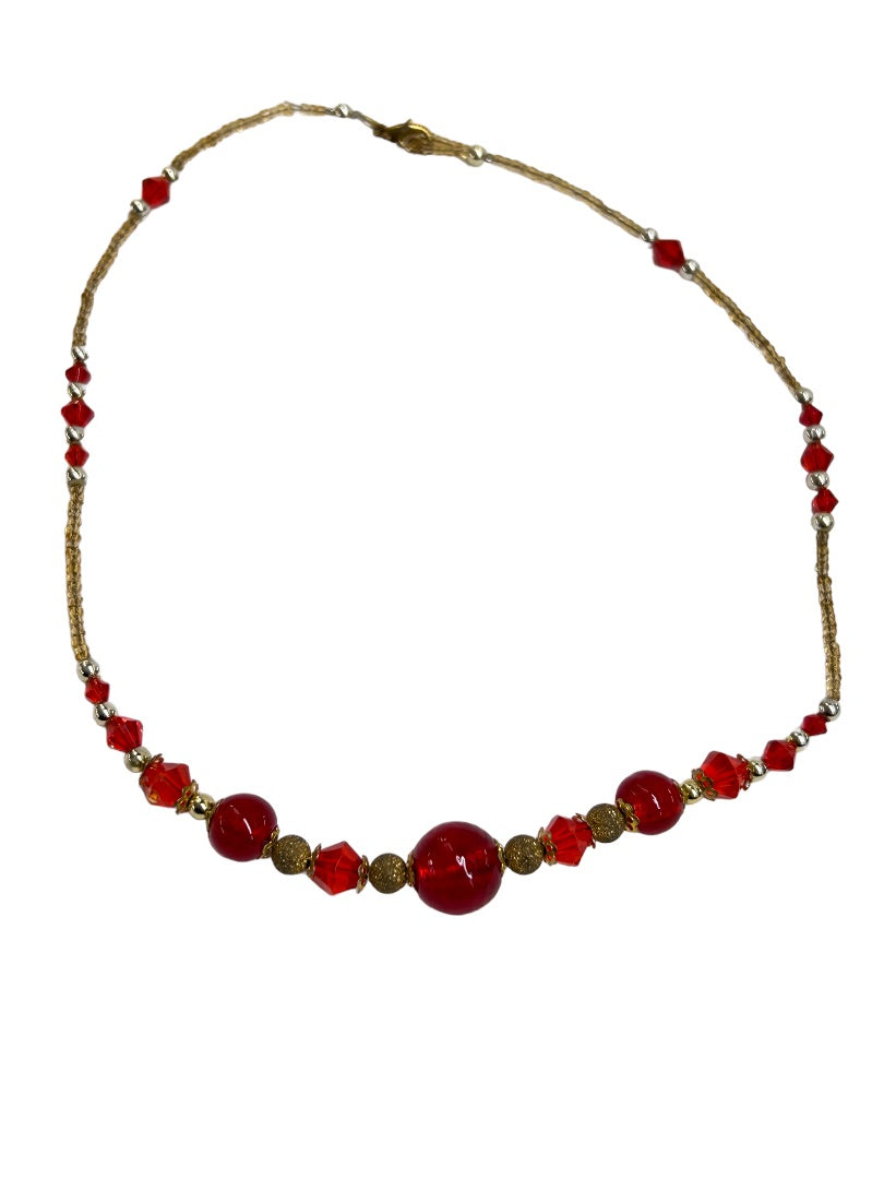 Beaded 17" Necklace Red Silvertone Goldtone Assorted Size Beads