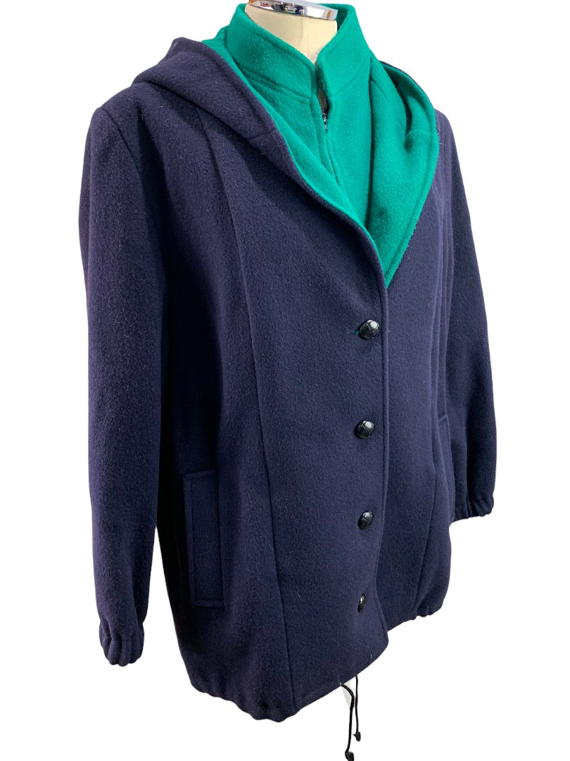 11/12 International Scene Women's Wool Blend Navy and Green Winter Coat Vintage 1980s