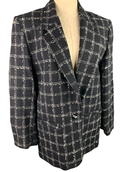 Size 10 Alfred Dunner Women's Wool Black Pattern Open Single Button Blazer Coat Vintage 1990s