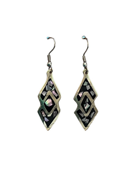 Silver Onyx & Abalone Inlay Drop Earrings 925 Silver