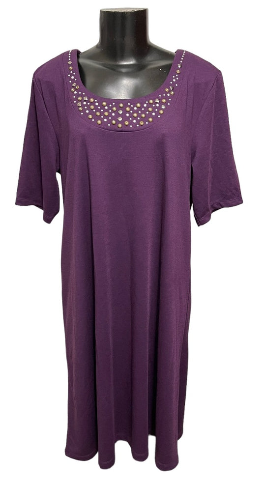 Large Susan Graver Embellished Short Sleeve Sheath Shoulder Pads Dress Purple