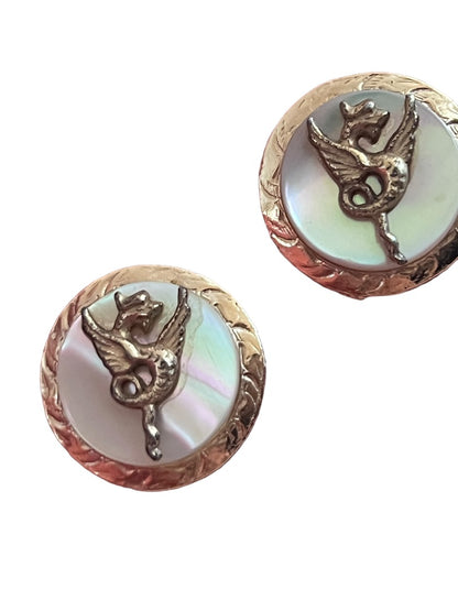 Vintage Mother of Pearl Dragon Gold Tone Round Cufflinks