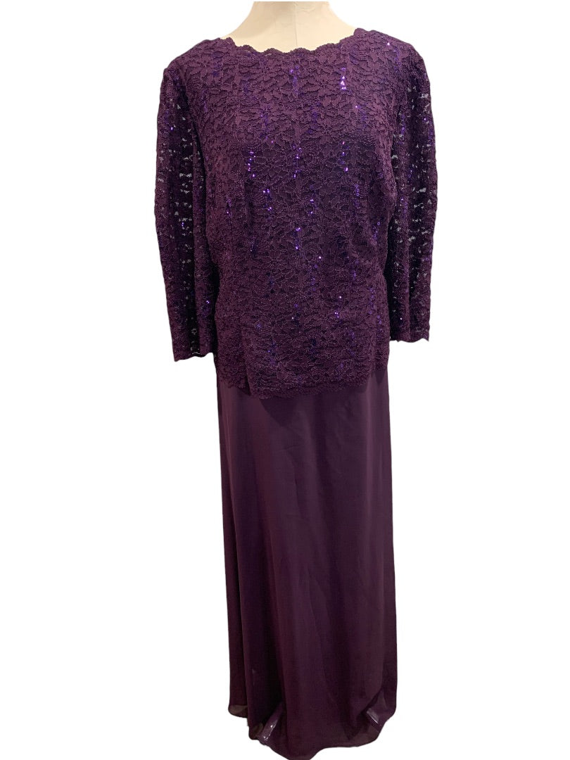 Size 20W Alex Evenings Women's New Long Gown with Sequin Lace Bodice  Chiffon Skirt Plum