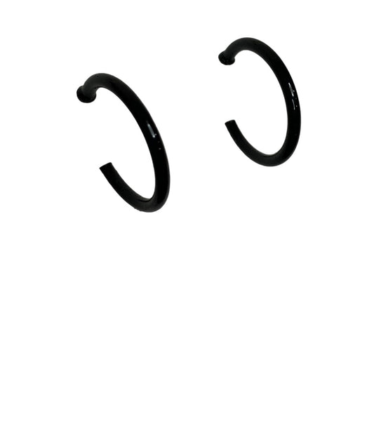 Vintage Black Enameled Post Pierced Hoop Earrings 1" Diameter