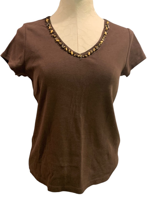 Small First Issue by Liz Claiborne Women's Brown T-shirt Wooden Beaded Neckline