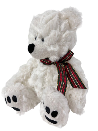 Ganz White Plush Teddy 7" H Plaid Holiday Bow