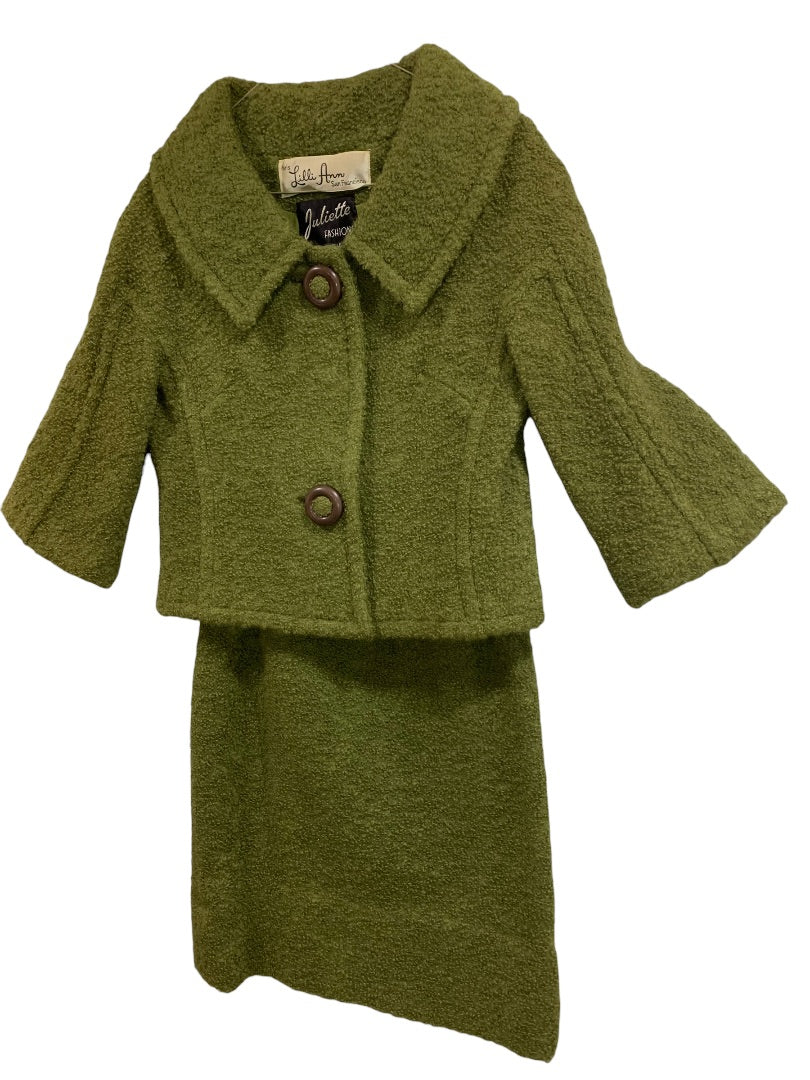 Small Lilli Ann Green Vintage 1960s Skirt Suit Boucle Brown Plastic Buttons