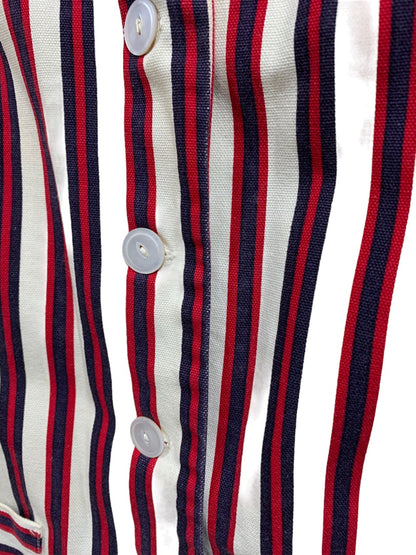 Vintage 1960s Women's Striped Shirt Dress Pockets Belt Red Blue Cream Stains