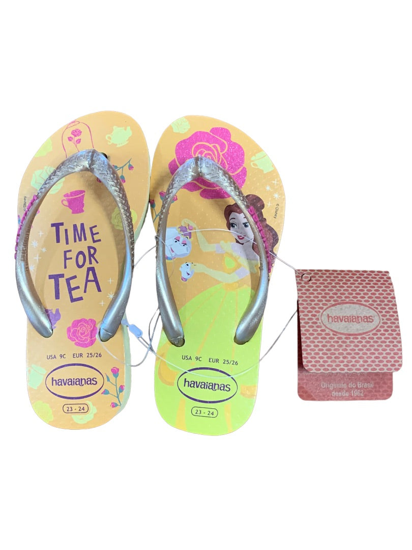 9C Havaianas Girls Disney Princess Belle Flip Flops New "Time for Tea"