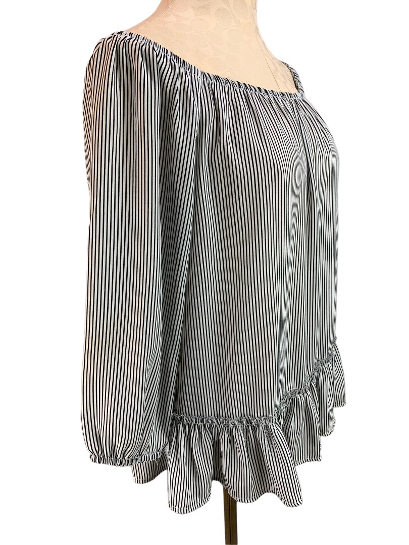 Small Bailey 44 Women's Off the Shoulder Flowy Ruffle Hem Blouse Striped