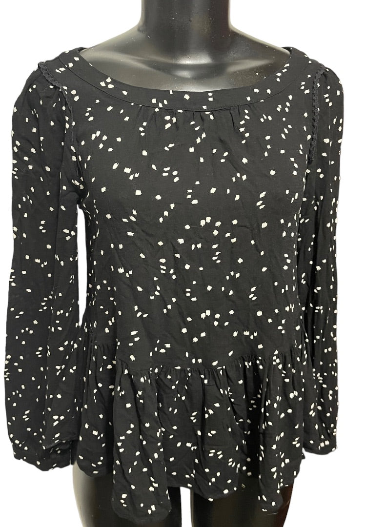 XXS Anthropologie Maeve Scoop Neck Long Sleeve Womens Top Black Polka Dots