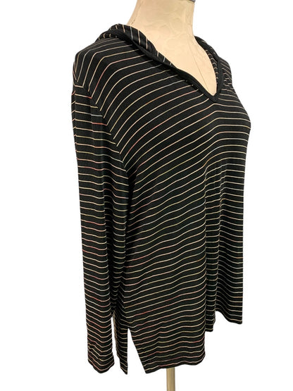 Medium Chico's Travelers Black Striped Pullover Hooded Top Travel Knit