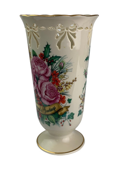 1999 Lenox Season's Greetings 8.5 Inch Pierced Fine Ivory China Vase Made in USA