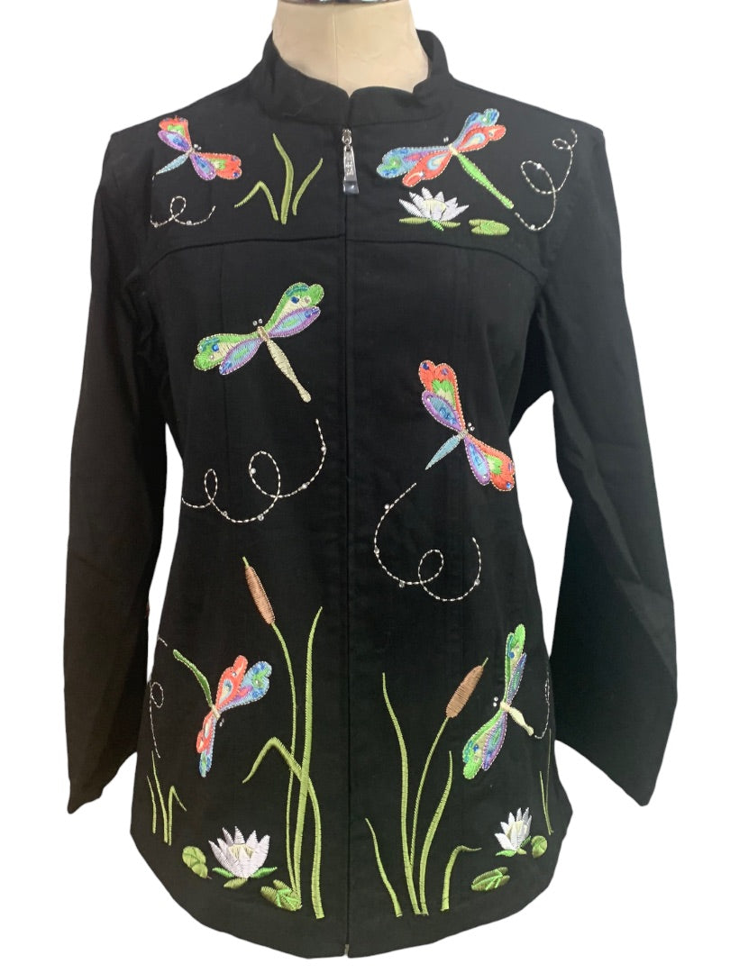 Medium Quacker Factory Women's New Embroided Dragonfly Full Zip Lightweight Jacket