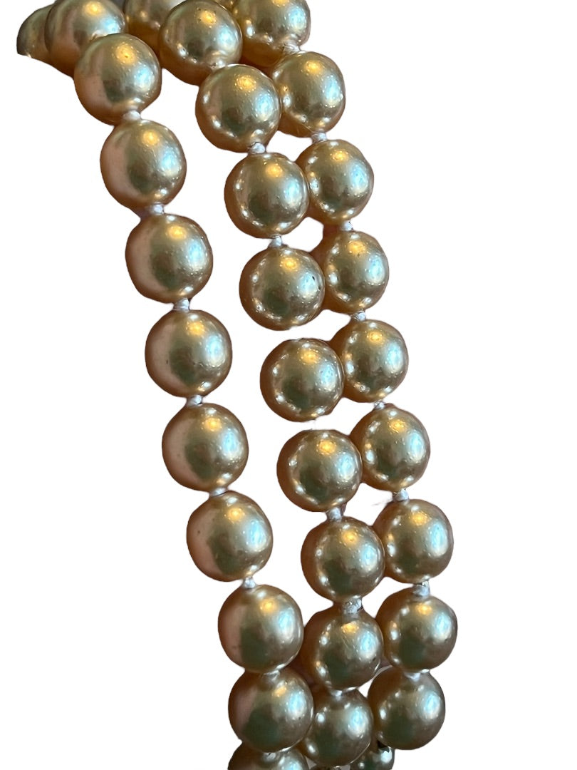 Vintage 3 Strand Faux Pearl Gold Tone Necklace Knotted 16"