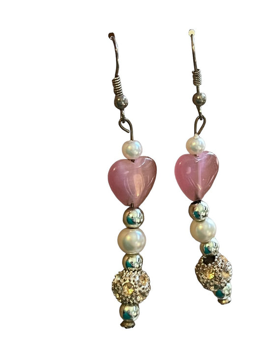 Pink Heart Beaded Dangle Earrings Hook