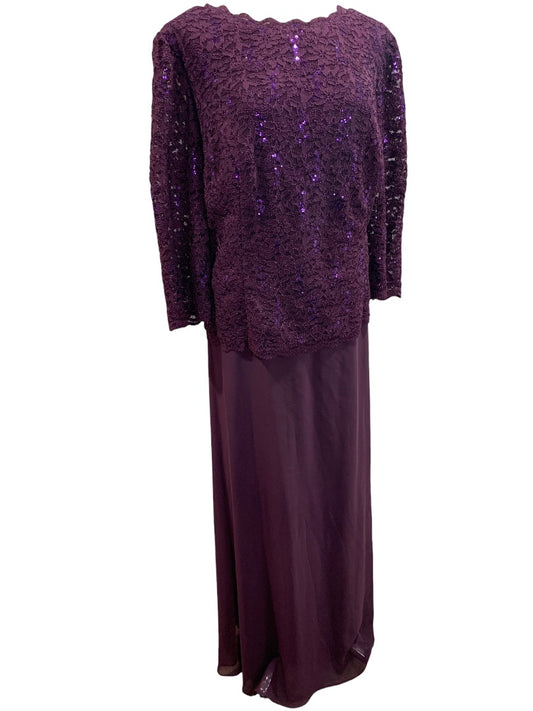 Size 20W Alex Evenings Women's New Long Gown with Sequin Lace Bodice  Chiffon Skirt Plum