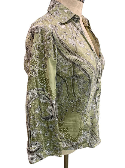 Size 6 Ann Taylor Women's Fitted Green Paisley Button Up Shirt 3/4 Sleeve