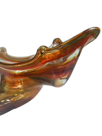 Vintage Hand Blown Glass Swan Planter Bowl Orange Brown Clear Swirl