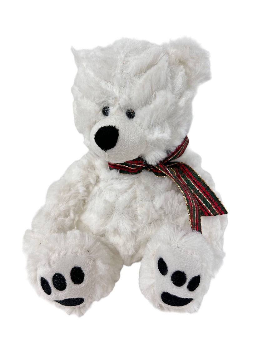 Ganz White Plush Teddy 7" H Plaid Holiday Bow