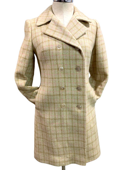 Small Vintage 1960s Cream Plaid Pink Green Overcoat Union Label Double Breasted