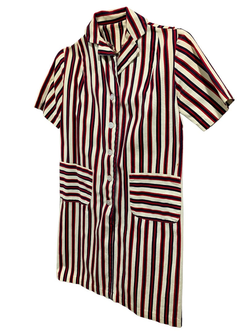 Vintage 1960s Women's Striped Shirt Dress Pockets Belt Red Blue Cream Stains