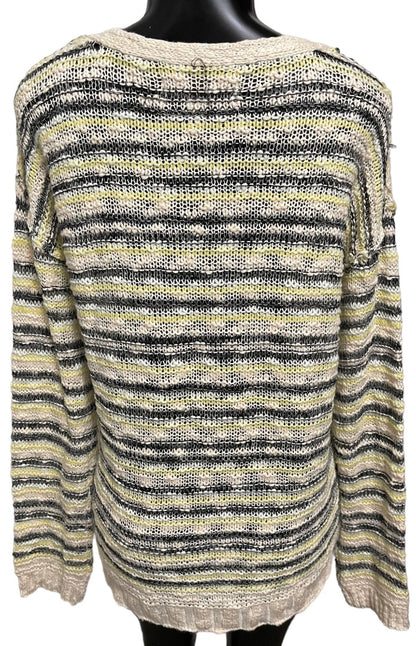 Medium Vintage Havana Loose Knit Yellow Gray Striped Sweater V-Neck