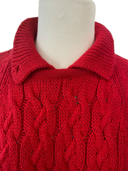 Large Illustrations Red Cable Knit Collared Vintage Sweater