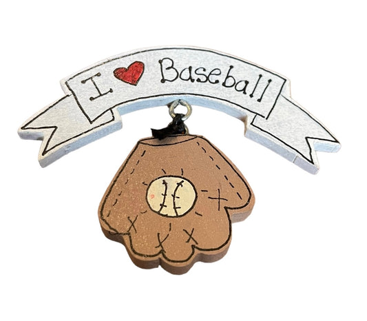 I Love Baseball Hand Painted Pin Glove and Ball Pendant Wooden