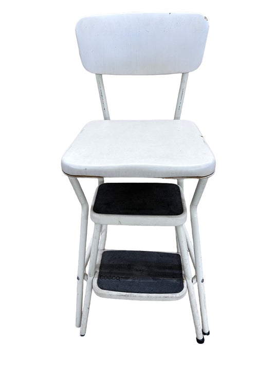 Cosco White Metal and Vinyl Vintage Step Stool Chair Fold Out Steps