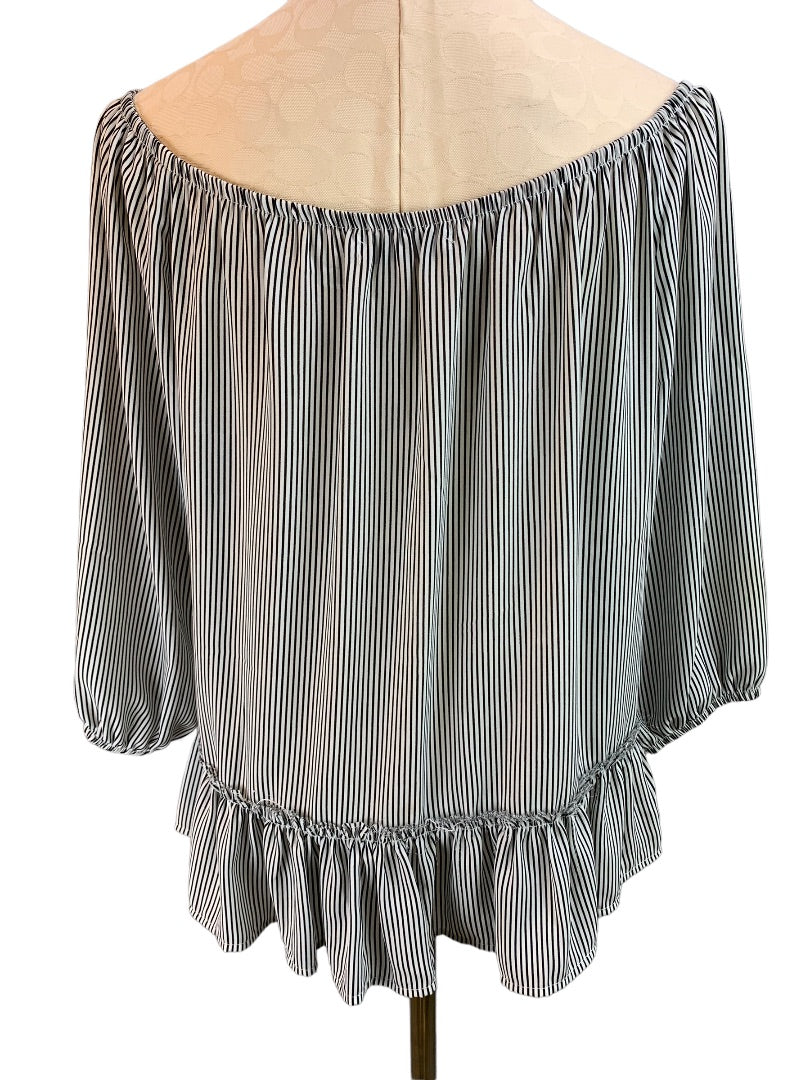 Small Bailey 44 Women's Off the Shoulder Flowy Ruffle Hem Blouse Striped